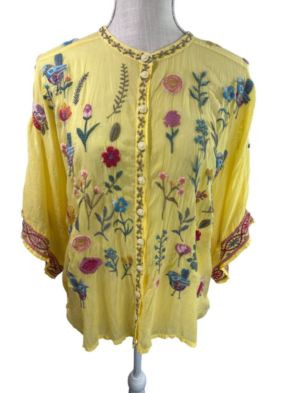 Johnny Was Embroidered Blouse Top Roylane Floral Birds Yellow Sz S - Picture 2 of 16